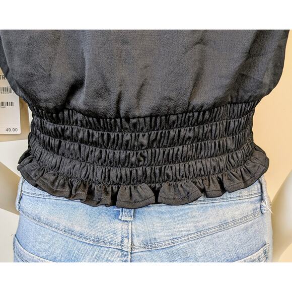 NEW Open Edit Ruffle Ruched Satin Crop Top Large Black Deep V Flutter Sleeve - Picture 9 of 11